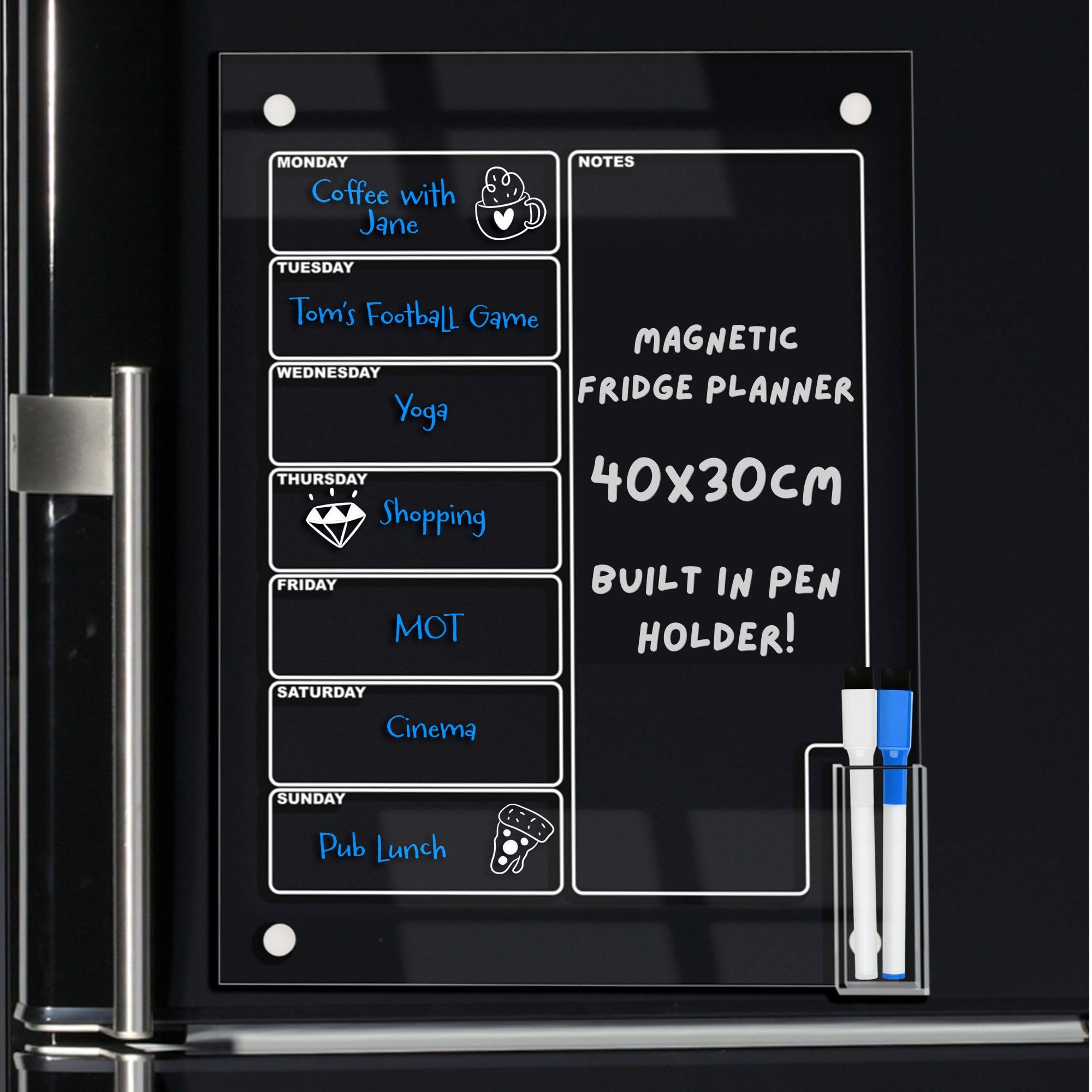 Magnetic Fridge Planner by Acrylic Hub. 15.7"x11.8"x1.1" Fridge Meal Planner Board with Built in Pen Holder. Clear Acrylic Magnetic Calendar for Fridge, Weekly Planner Magnetic with 2 Pens.