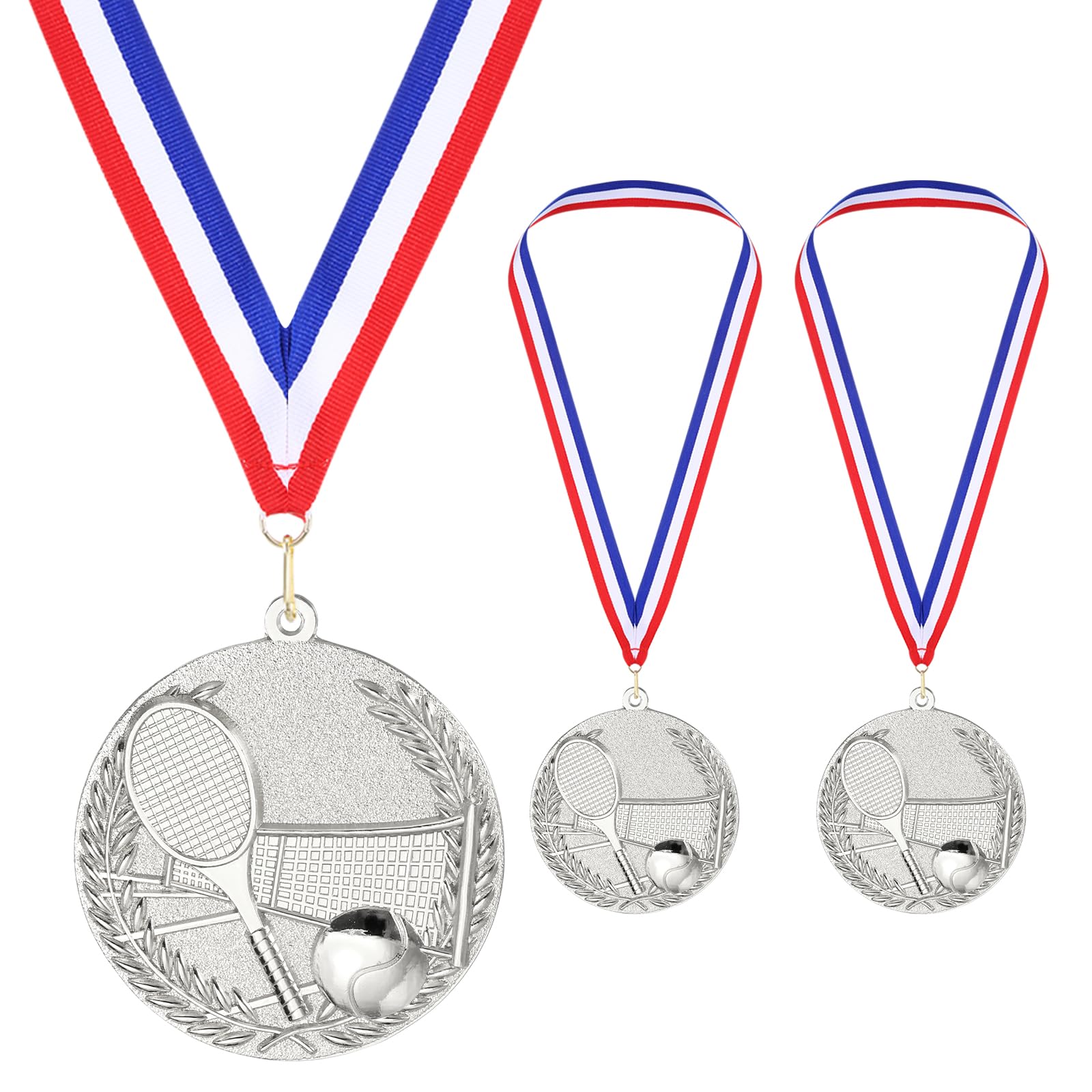 PATIKIL 2.7" Silver Tennis Medals, 3 Pack Tennis Award Medals with Ribbon Red White for Games Sports Competitions