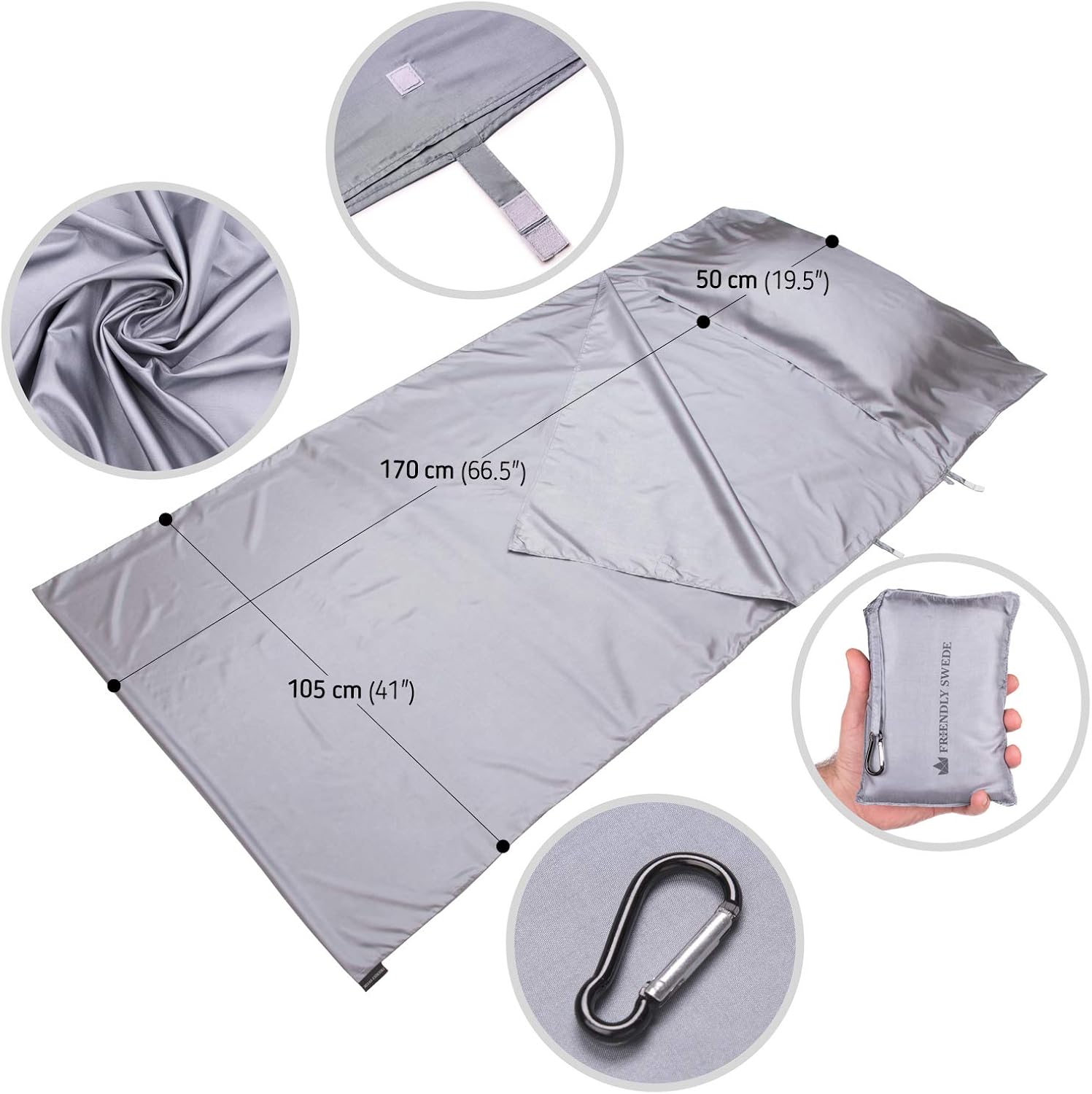 The Friendly Swede Sleeping Bag Liner - Travel and Camping Sheet, Pocket-Size, Ultra Lightweight, Silky Smooth (Grey, Velcro) : Sports & Outdoors