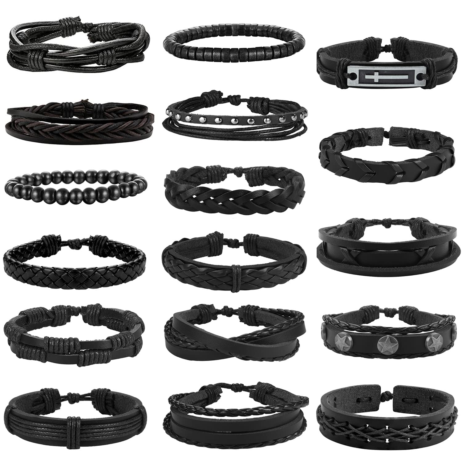 MILACOLATO 17 Pcs Mens Leather Bracelet For Men Black Adjustable Leather Bracelet Punk Braided Women Rope Men's Bracelets With Beads Wristbands Vintage Bracelets Set Wrist Wrap For Men