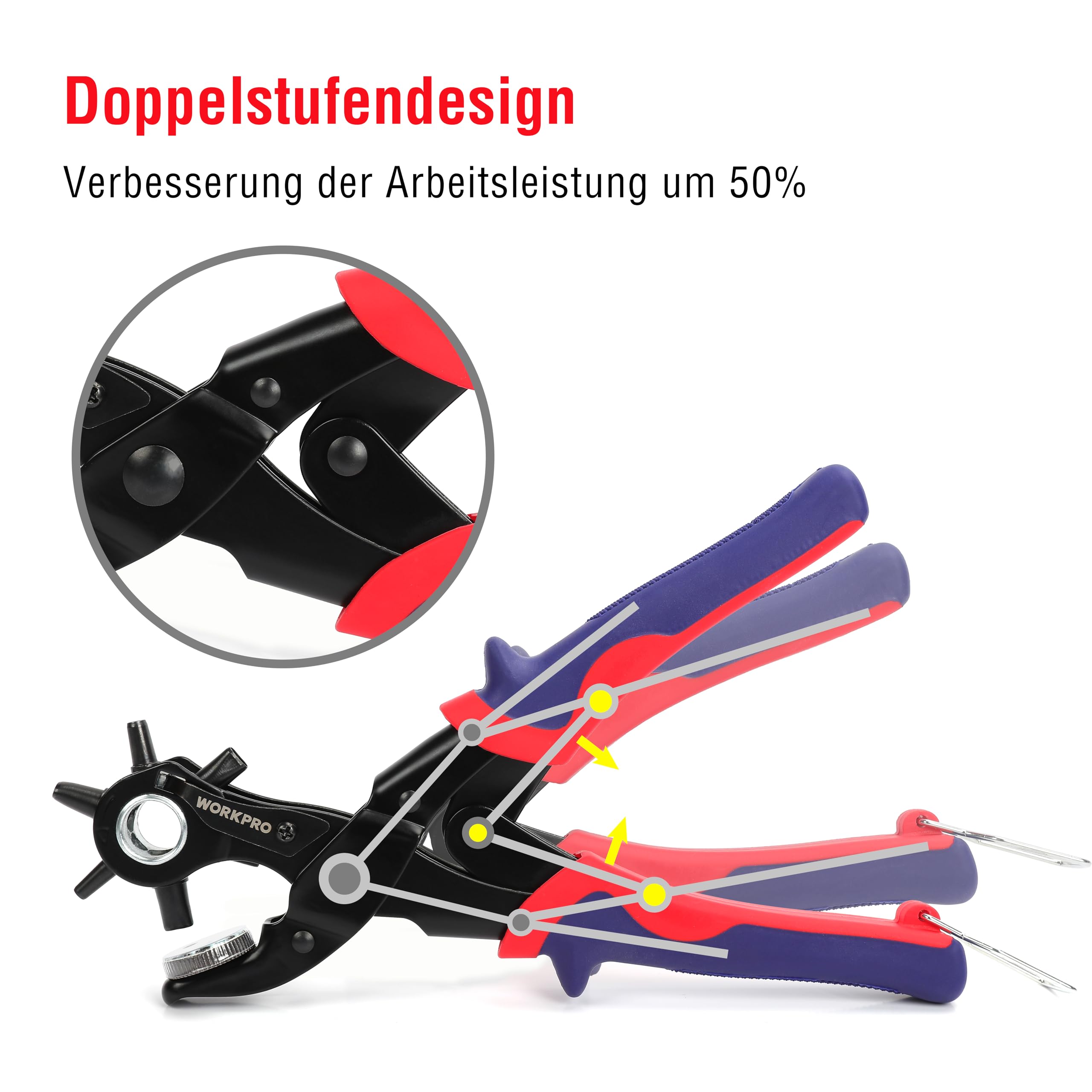 WORKPRO Revolverlochzange Lochzange Gürtel Leder Gürtel Puncher 255 MM Locher Rund 3,5-4-4,5 MM Rechteckige 6,6-7,5 MM OVAL Lochpfeifen 6,1 MM 2