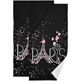 HUAZHIKOU Eiffel Tower Chic Paris Hand Towels for Bathroom Set of 2 Romantic Theme Black Pink Face Towels Microfiber Modern French Kitchen Towels Decorative Bathroom Towel for Shower Guest 14" x 28"