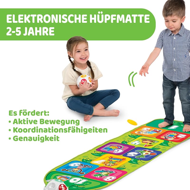 Jump & Fit Elektronische Hüpfmatte, Interaktives Spiel mit Lichtern und Geräuschen, Musikmatte für zu Hause, 2 Spielmodi, 150 cm, Kinderspielzeug von 2-5 Jahren