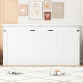 MERITLINE Twin Horizontal Murphy Bed Cabinet with Desk, Solid Wood Farmhouse Murphy Bed Frame for Small Room, Office, Apartment, Space Saving, (White)