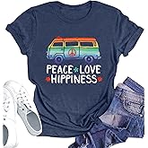 Peace Sign Love T-Shirt for Women Flower Graphic Shirt Hippie Short Sleeve 60s 70s Shirt Inspirational Tee Tops