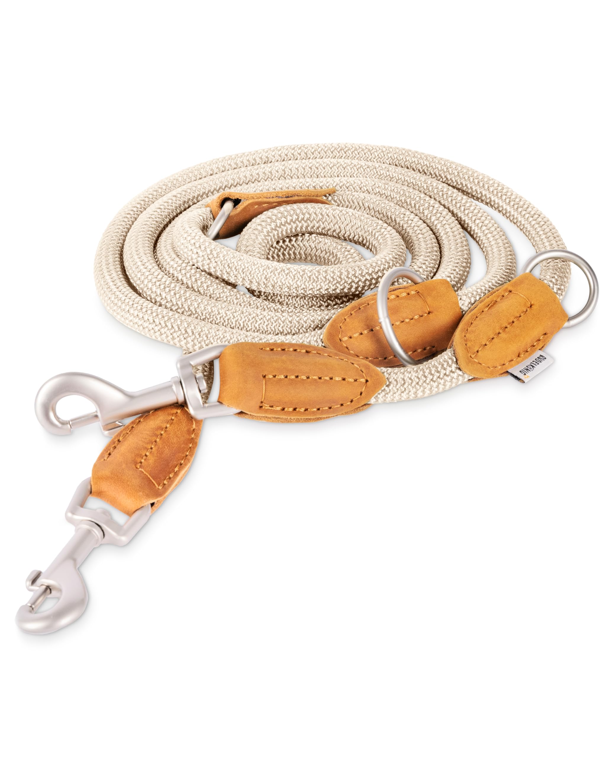 Rudelkönig Dog lead Emma with leather caps (2,30m) - Adjustable length training leash - Robust leash in cream