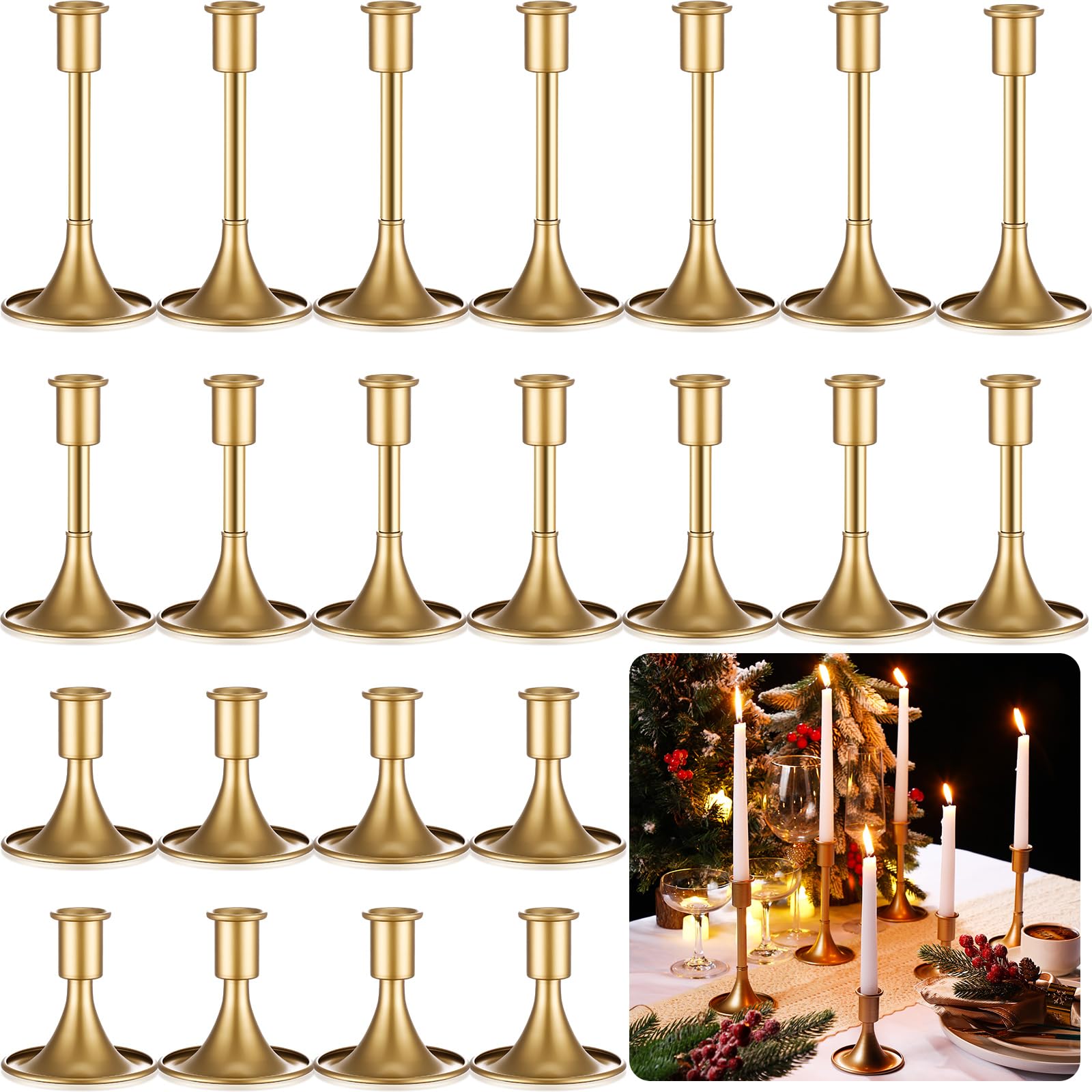 Photo 1 of Layhit 24 Pcs Elegant Candle Holders Matte Retro Design Aluminum Alloy Candlestick Holders with Various Heights 3.3" 5.5" 6.3" for Wedding Table Centerpiece Decoration(Gold)