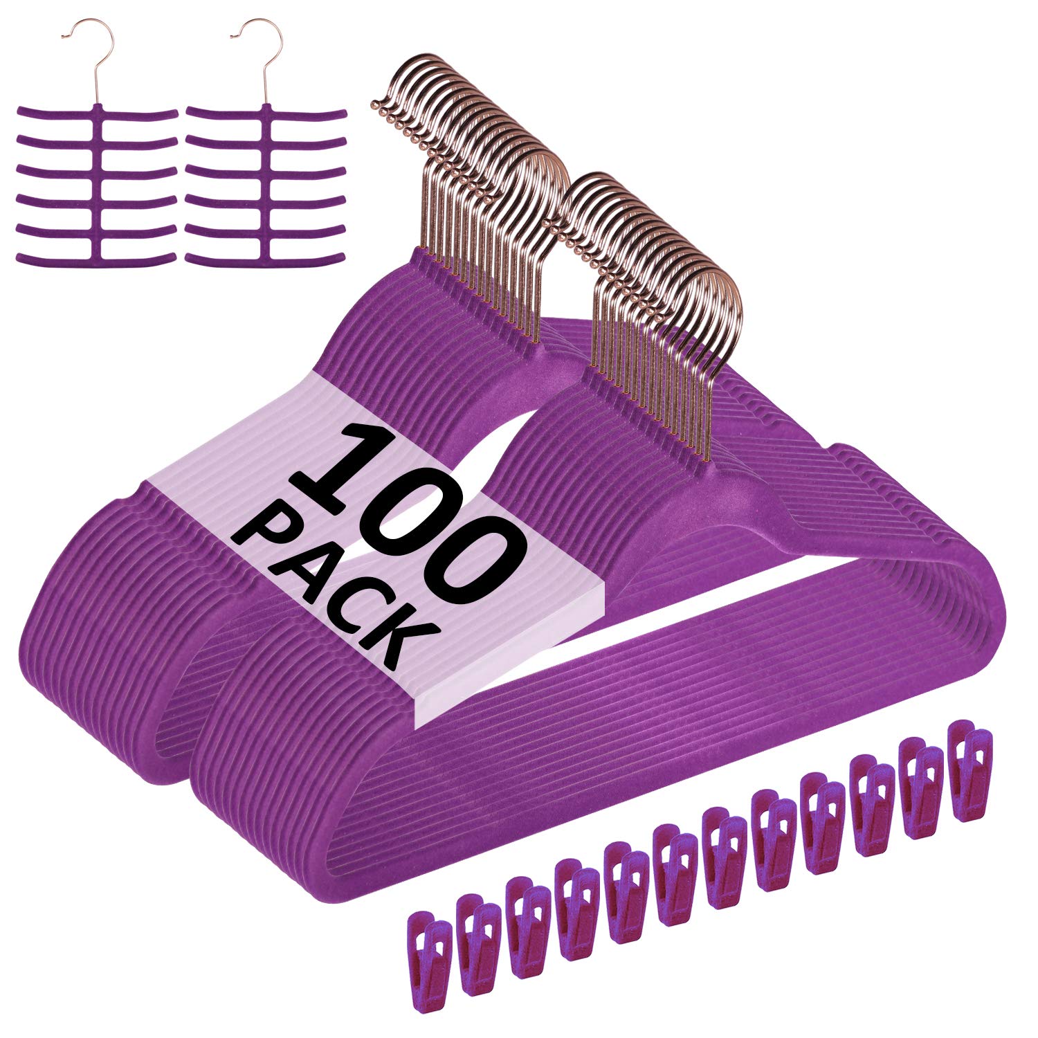 VECELO Premium Velvet Clothes Hangers Suit Heavy Duty (100 Pack)-Non Slip & Space-Saving with 12 Finger Clips & 2Tie Rack Excellent for Men and Women,Dark Purple Image