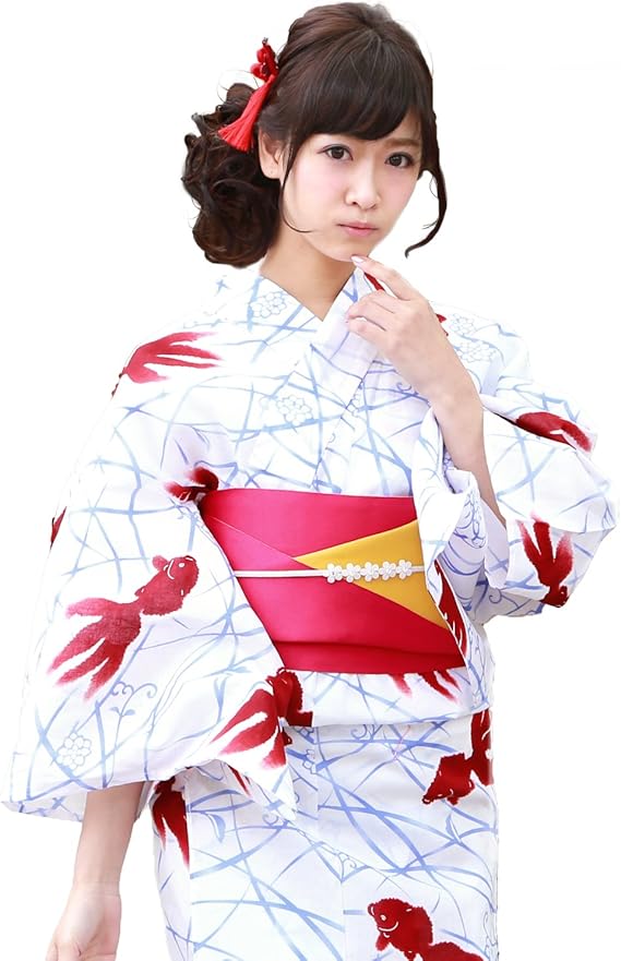 Amazon 浴衣 女レディース セット 白地に金魚と水色の水流 平帯タイプ なでしこ ときめき恋浴衣3点セット 浴衣 通販