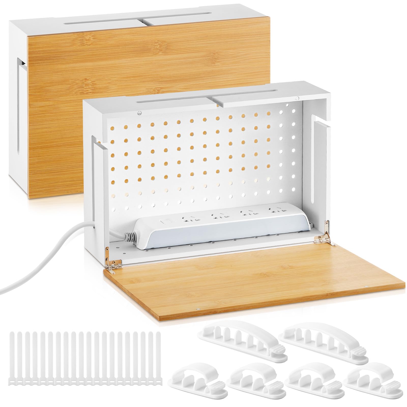 Photo 1 of Marsui 2 Pcs Cable Management Box with Magnetic Bamboo Lid Cable Ties and Clips Cord Organizer Box Wall Mountable Cable Box Hider for Home Electrical Cord Organizer for Office, Desk and More (White)