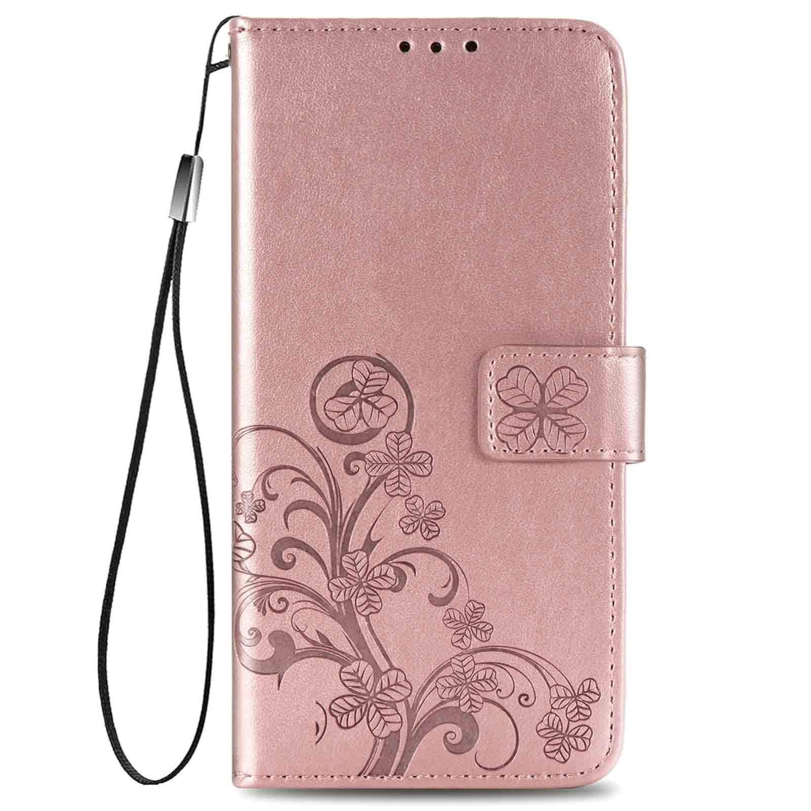 BARBARIAN Case for OPPO Reno8 (Reno 8) 5G, with [Flip Stand/Card Slot] Features, Lucky Clover Embossed Magnetic Flip Premium Leather Cover with Wallet. Rose Gold