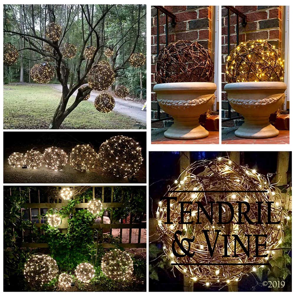 Large 20" SOLAR Fairy Light Ball, Natural Grapevine Topiary