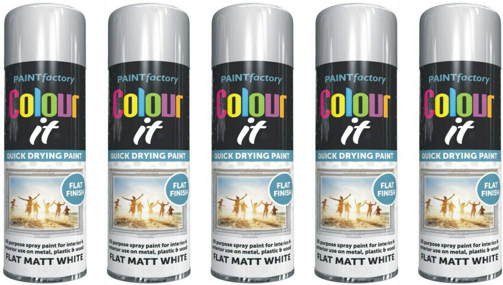 SPRAY PAINT, 5 x 250ML WHITE FLAT COLOUR IT MATT FINISH SPRAY PAINT DECORATIVE WOOD METAL