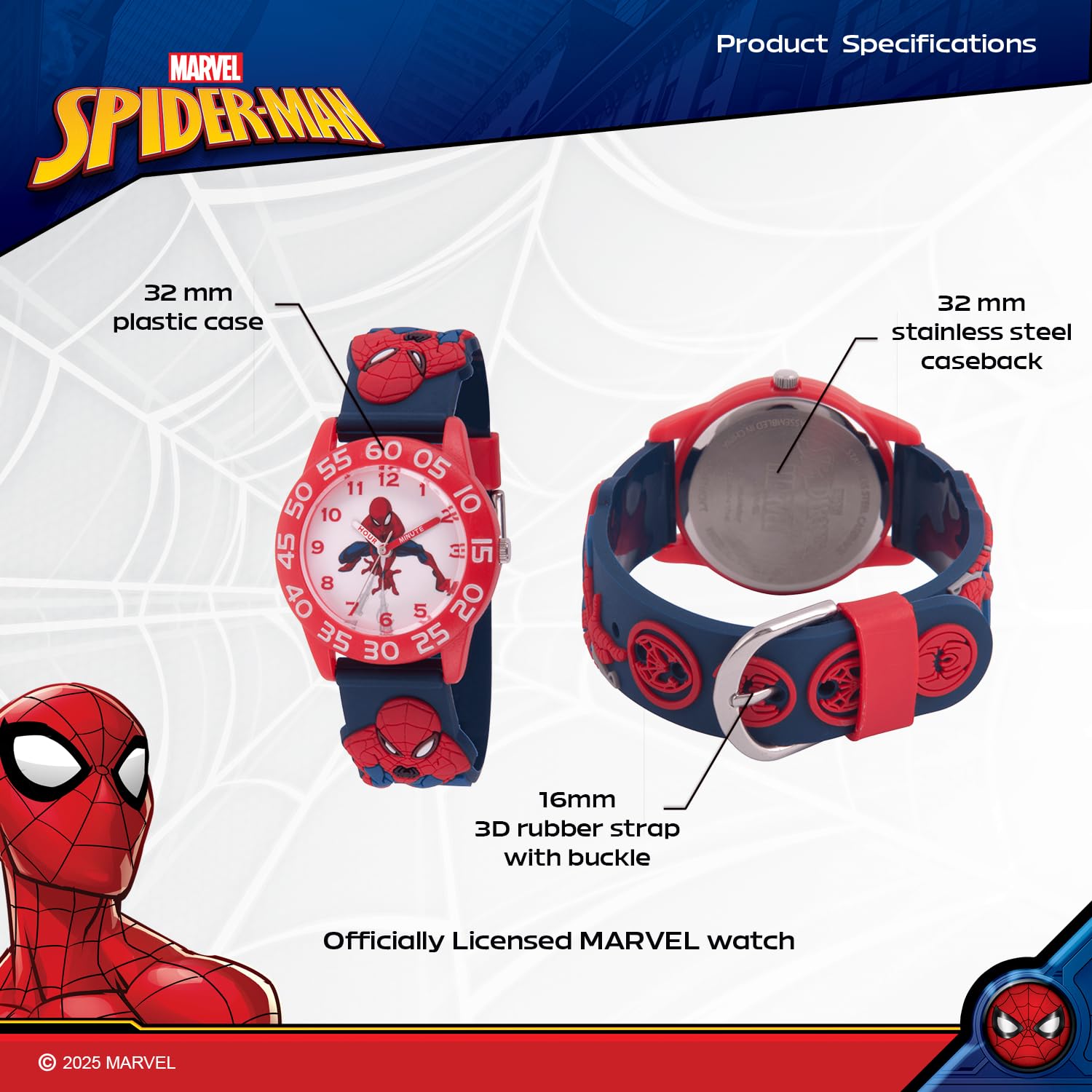Marvel Spiderman Watch for Kids - Spiderman Watch Boys - Spider-Man Watches for Boys 4-6 - Toys - Kids - Marvel Toddler - Teen - Dark Blue Case - Multicolor 3D Strap