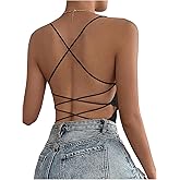 COZYEASE Women's Criss Cross Back Spaghetti Strap Bodysuits Sleeveless Backless Scoop Neck Cami Tops T Shirt