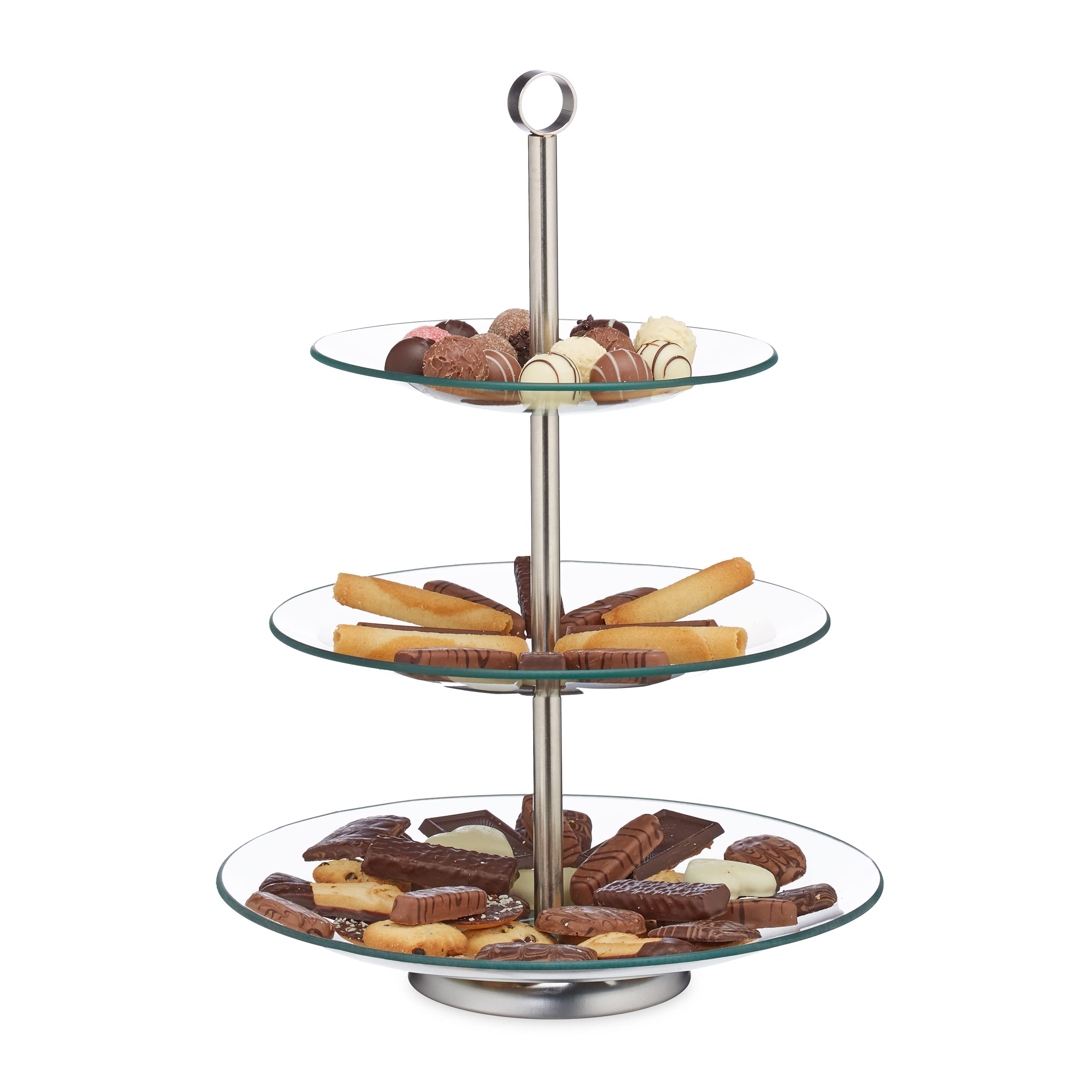 Relaxdays Étagère, 3-Tier, Cupcake, Cookies, Fruit, Muffin Serving Stand, Glass, Stainless Steel, Silver/Clear