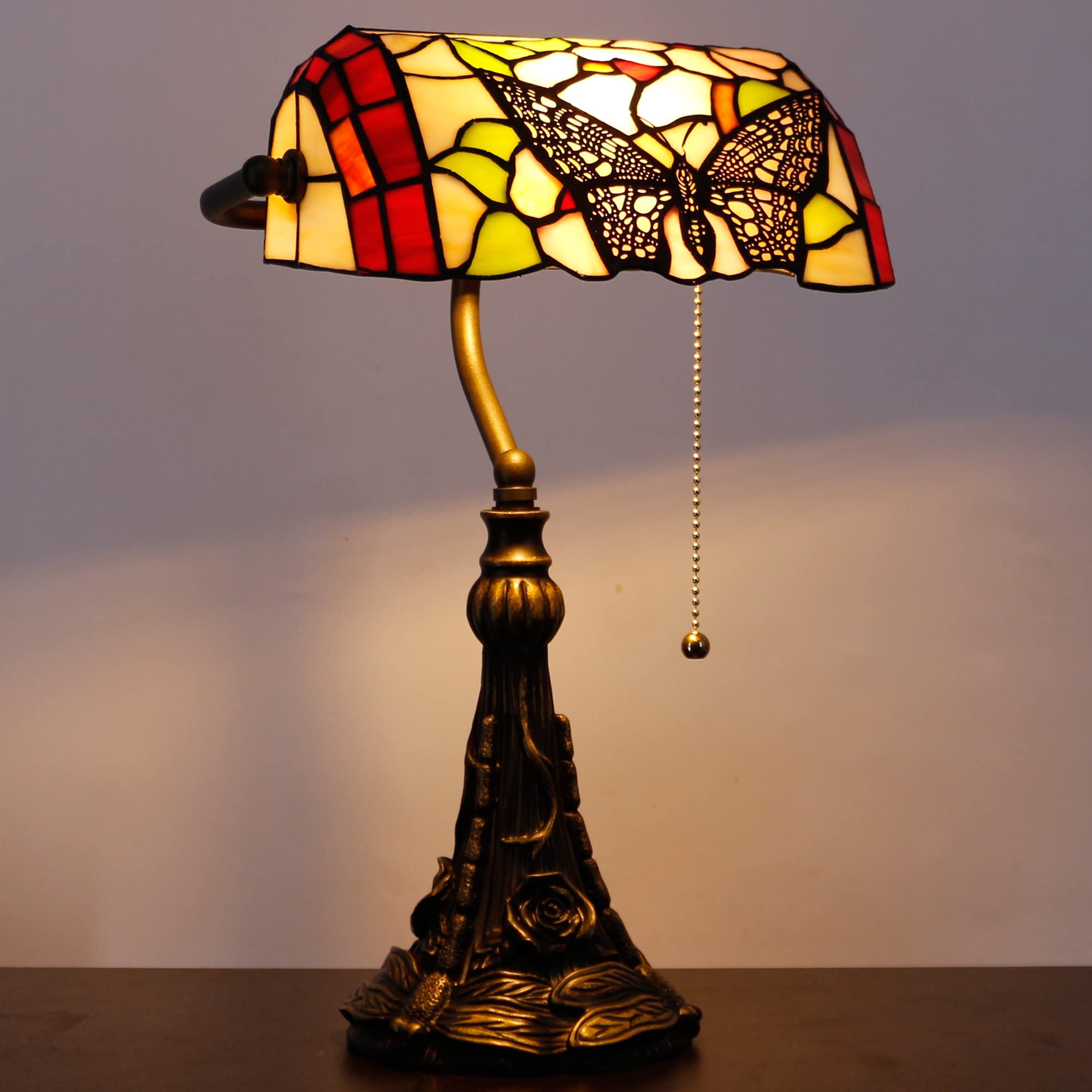 Photo 1 of Tiffany Banker Lamp Small Stained Glass Table Lamp Tiffany Style Piano Light Desk Lamp Angle Adjustable 10.6X15.7 Inch for Home Office Living Room Bedroom (Butterfly in Flower Style)