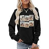Semisun Women's Vintage Western Rodeo Bronc Riding Graphic Sweatshirt Retro Cowboy Riding Crewneck Long Sleeve Pullover Top