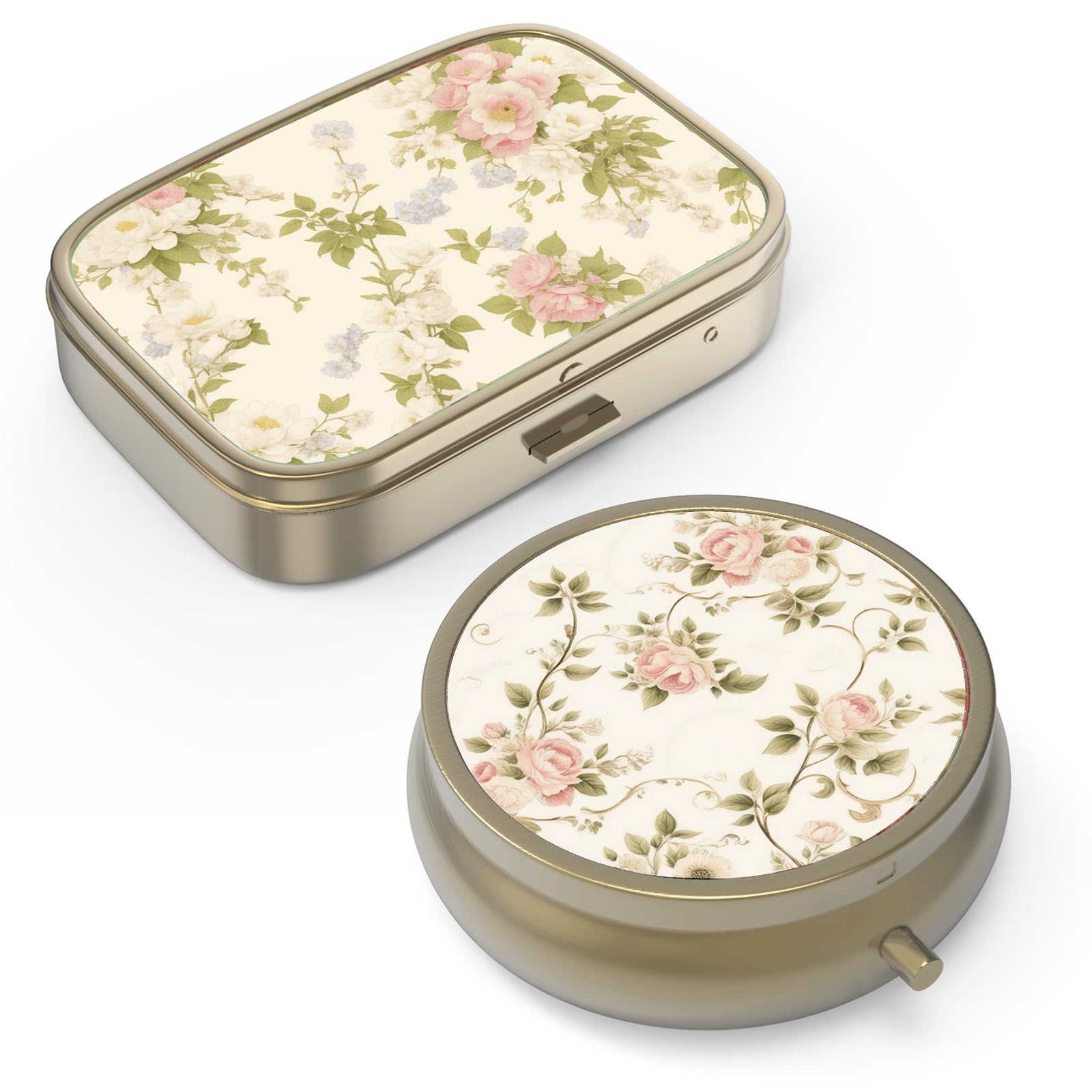Photo 1 of Pill Organizer Pill Box with Mirror Retro Small Pill Case for Purse or Pocket Bronze Pill Box or Vitamins, Fish Oil, Supplements, Pill Containe Travel Gifts?2PCS-Vintage Floral?