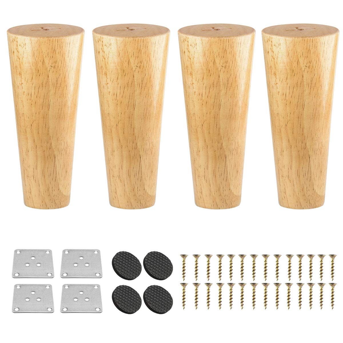 Btowin 12 Inch Solid Wood Furniture Legs, 4 Piece Replacement Round Conical Table Legs Modern Vintage with Mounting Plates & Screws & Prodector for DIY Armchair Chair Sofa Bed Right