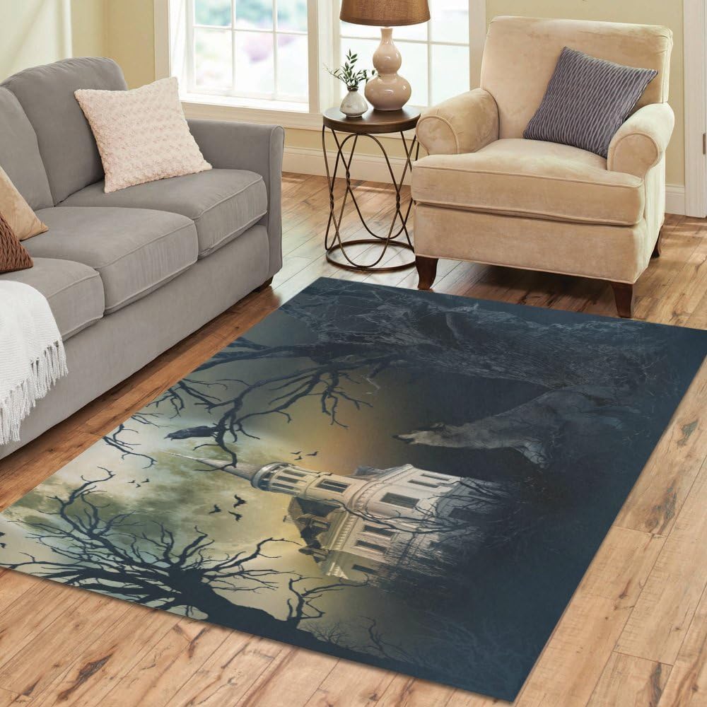 INTERESTPRINT Haunted Castle with Wolf Howling Area Rug