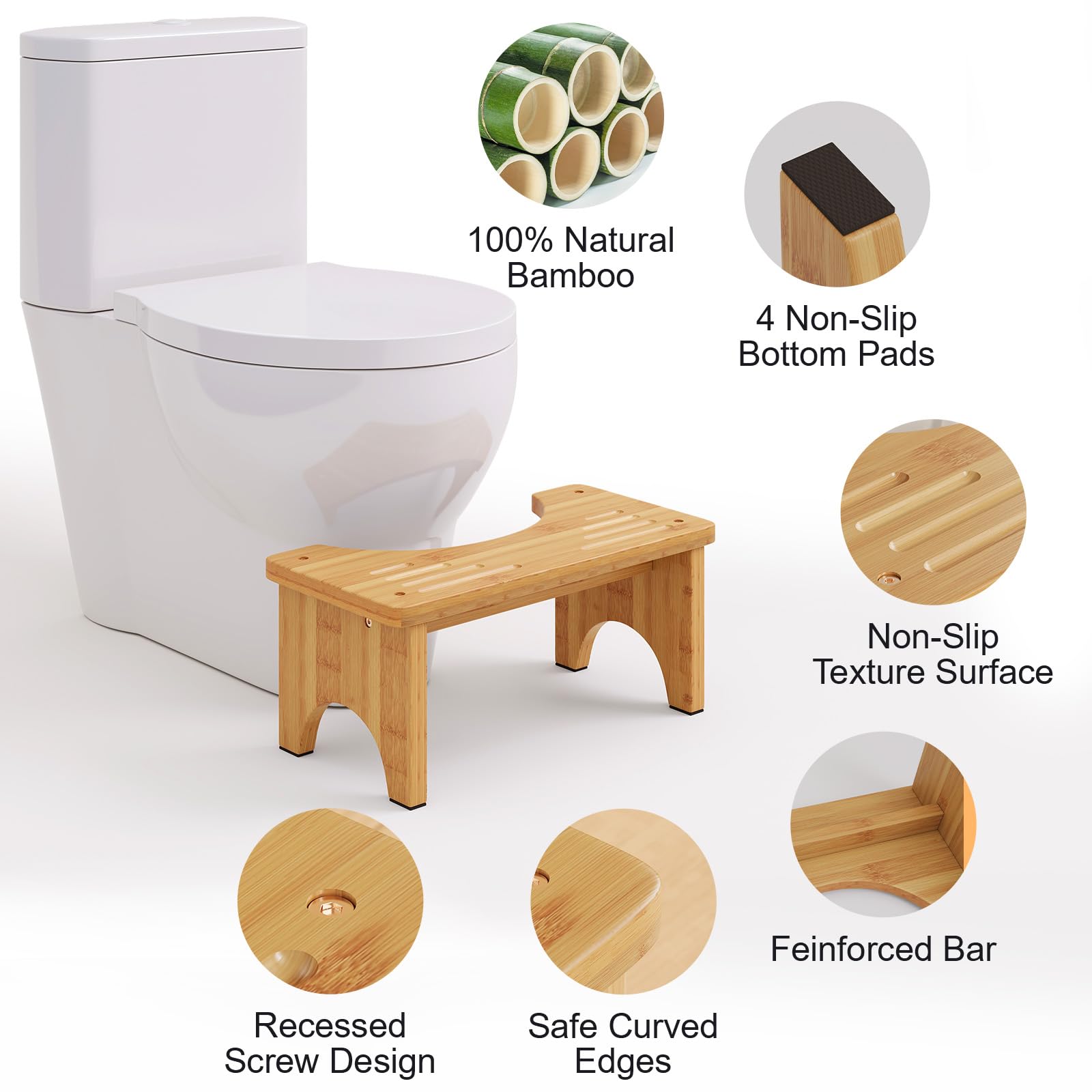 Bamboo Toilet Stool, Wooden Squatting Potty Stool for Adults, 7 Inch Toilet Stool Squat Adult, Non-Slip Wood Poop Stool for Bathroom, Portable Toilet Foot Pooping Steps for Kids