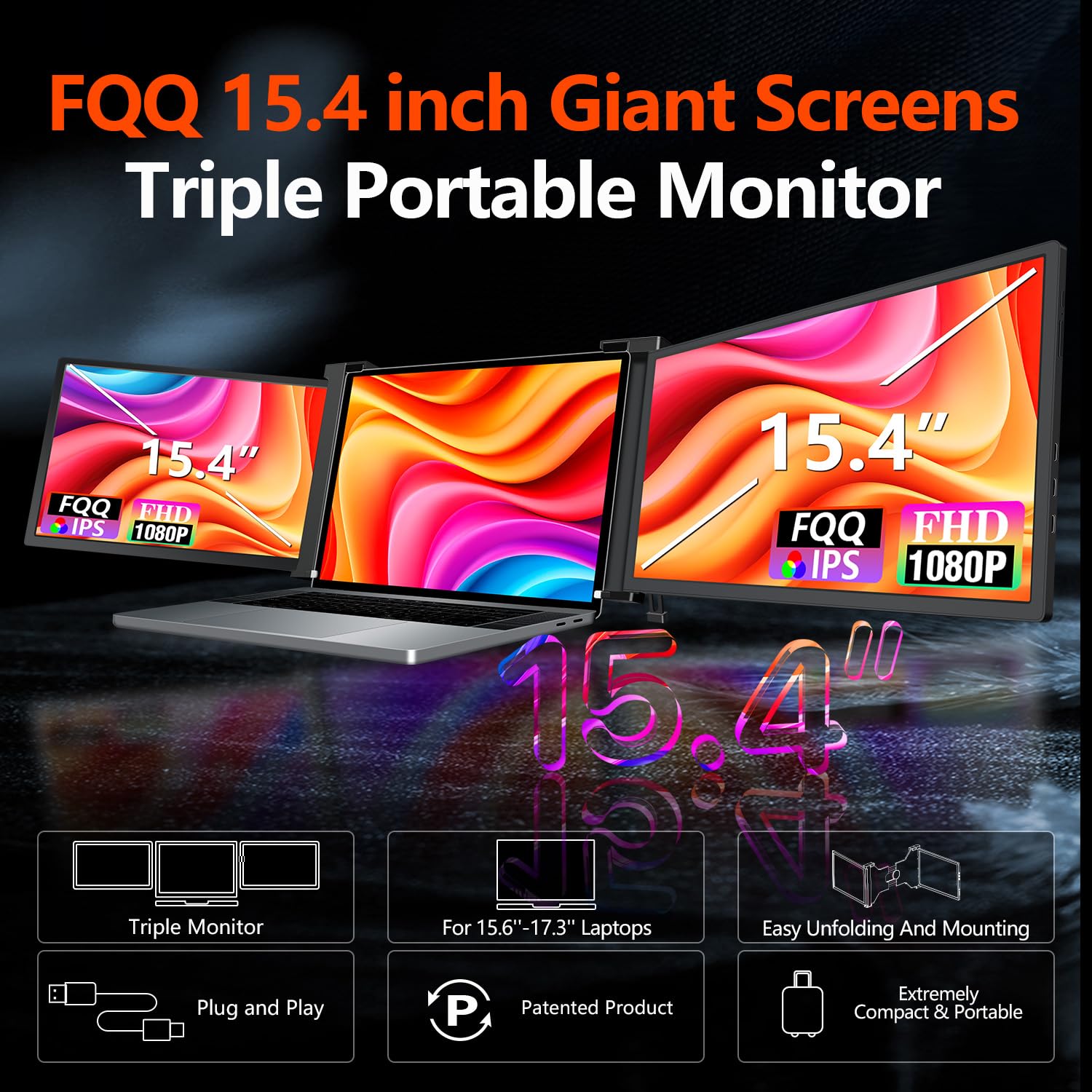 FQQ Laptop Screen Extender, 15.4-inch Portable Monitor for Laptop with Ultra-Slim FHD IPS Display, USB-C Plug and Play Extended Screen Compatible with MacOS, Windows for 15.6-17.3