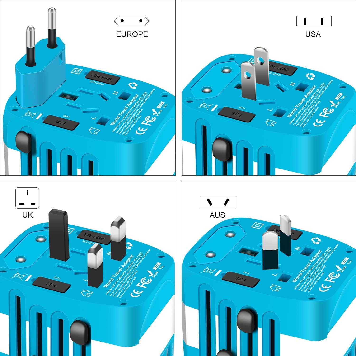 Travel Adapter Universal 2300W 110-250V 10A Power Adapter w/ 4 USB Ports 1 AC Outlet Travel Charger Plug Adapter for Phone Camera Hair Dryer and More Electronics in EU UK US AU Over 150 Countries: Home Audio & Theater