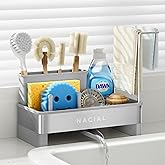 Nacial Sponge Holder for Kitchen Sink, Sink Caddy Organizer with High Brush Holder & Two Towel Racks - Rustproof 304 Stainless Steel Kitchen Countertop Storage Essentials - Gris