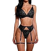 TINGYANRAN Women's Sexy Lingerie Set Underwire Lace Floral Push Up Garter Belt See Through Sheer Bra Panty 4 Piece