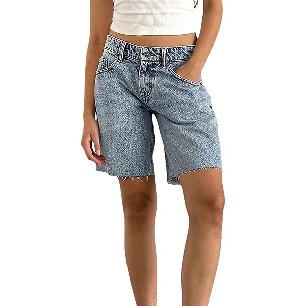 Women Y2k Long Jean Shorts Casual Loose Wide Leg Frayed Raw