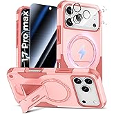 Goton for iPhone 17 Pro Max Case with Privacy Tempered Glass Screen Protector & Camera Lens Protector, Compatible with MagSafe, Invisible Kickstand, Shockproof Phone Cover, Pink