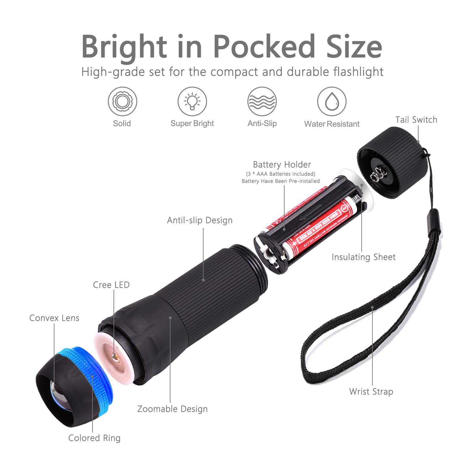 VICOUP 4 Pack Mini Flashlights with 12 AAA Batteries & Colored Band - Portable LED Flashlight Set for Kids, Camping, Hiking, Party