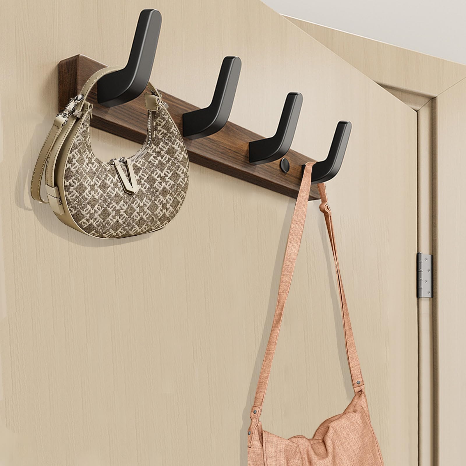 Lxoraziy Wall-Mounted Coat Rack - Walnut Coat Rack Hook, Heavy Duty Wooden Wall Coat Hanger with 4 Coat Hooks for Hanging Coats, Hats, Clothing, Scarfs