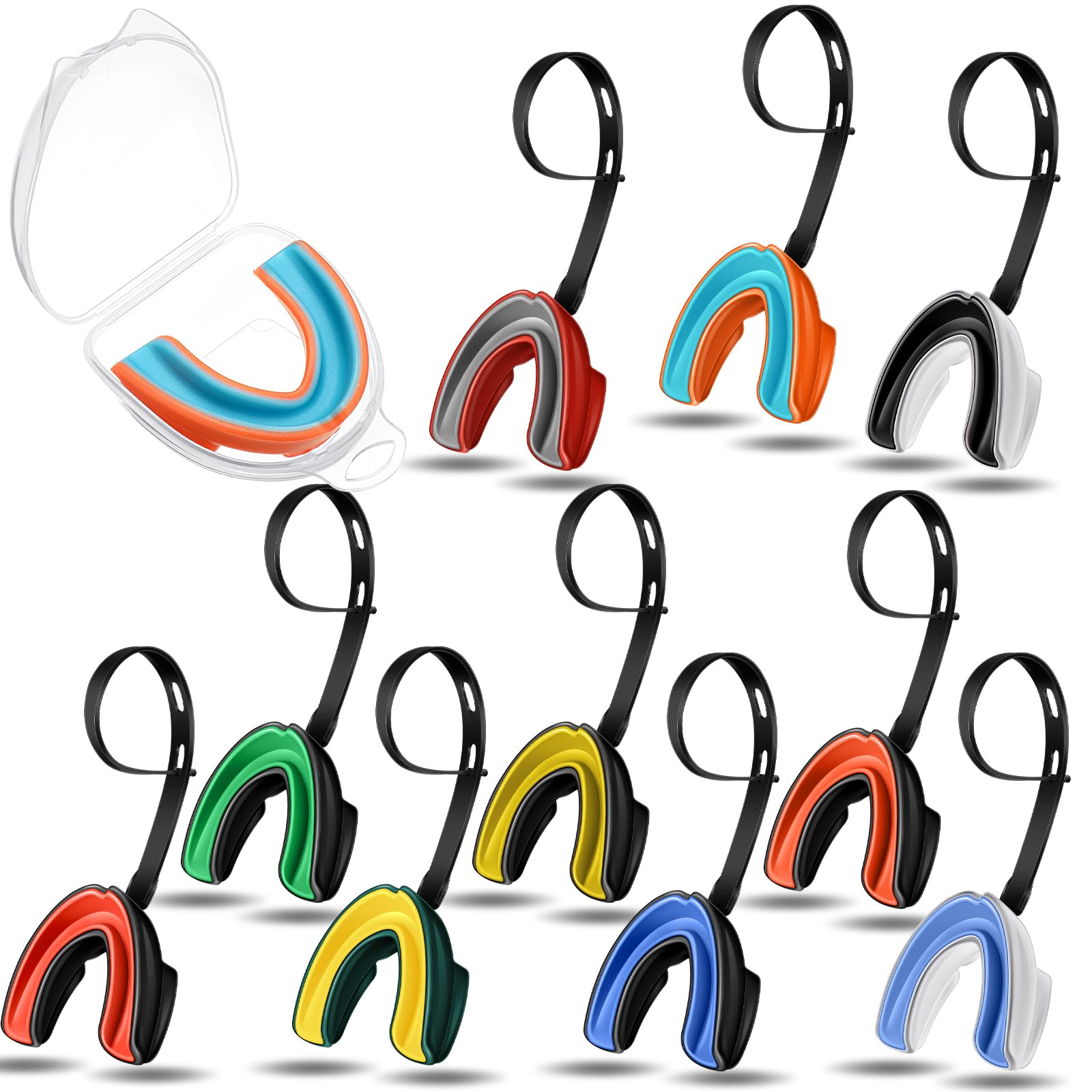 Photo 1 of 10 Pcs Youth Strapped Mouth Guard with Strap Football Mouthpiece Double Colored Football Braces Sports Mouth Guards Protector Adult Teens Hockey Boxing Taekwondo