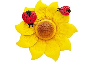 LITIALLY 12 Inches Metal Flower Wall Art Garden Decor Cute Ladybug Flowers Decorations Hanging for Outside Yard Porch Lawn (Yellow)