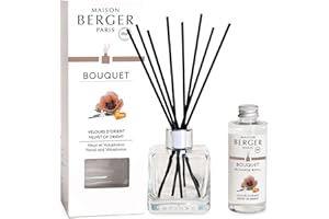 MAISON BERGER - Reed Diffuser Clear Glass Scented Bouquet - 8 Black Reed Sticks (8.3 inches) - Includes 100 Milliliters (3.4 Fluid Ounces) Fragrance Refill (Velvet of Orient)