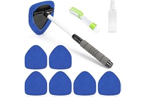 Car Windshield Cleaning Tools, Expandable Car Window Cleaner with 6 Reusable Microfiber Pads, Spray Bottle, Auto Interior Dus