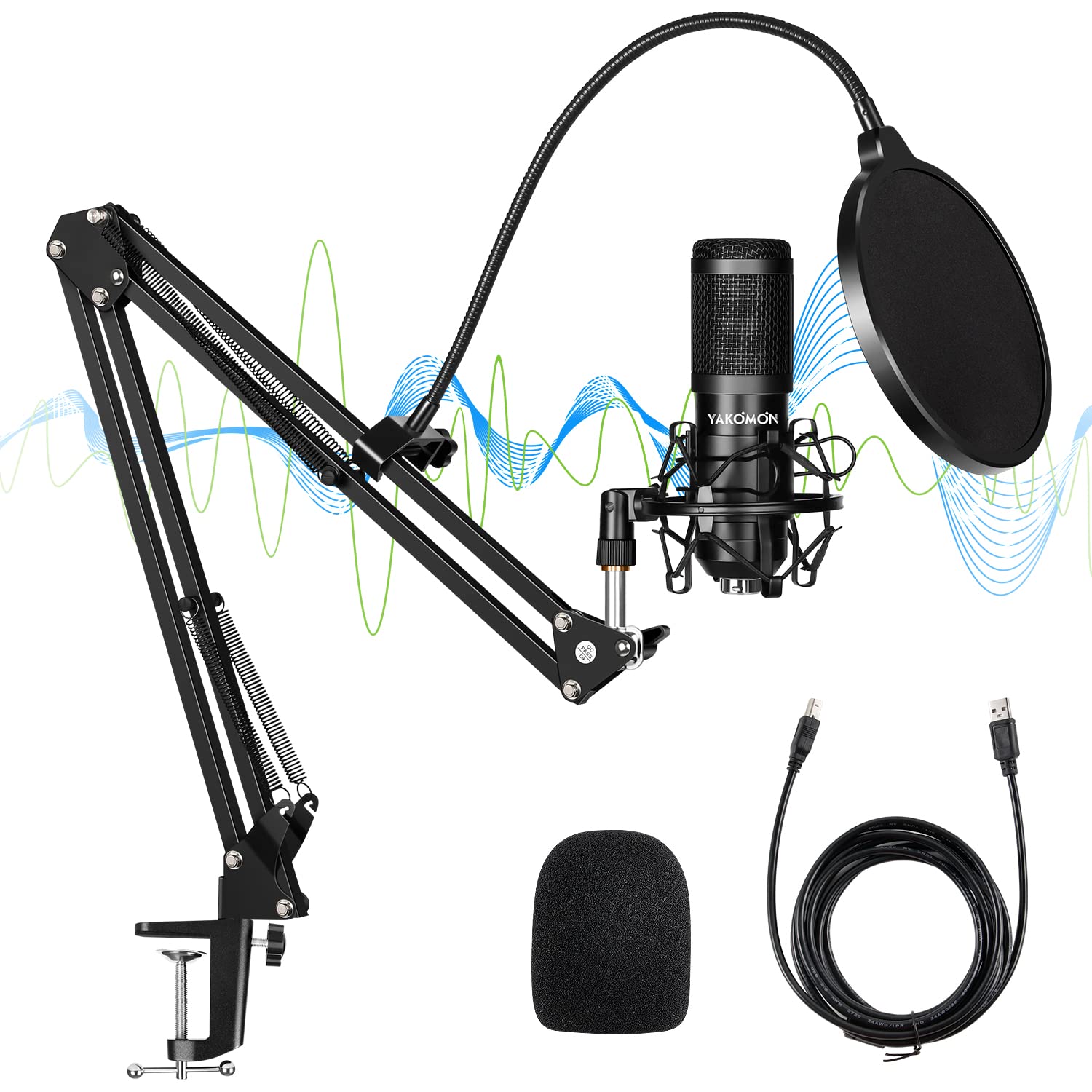 Yakomon USB Condenser Microphone, Recording Studio Kit With Standing, 192KHZ/24Bit Streaming Podcast PC Mic for YouTube Video/Game/PS4 (Updated)