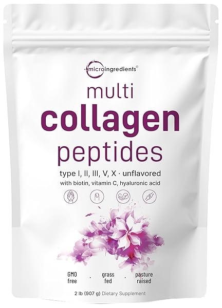 MICRO INGREDIENTS MULTI COLLAGEN PEPTIDES POWDER, 2LB | TYPE I, II, III, V, X + BIOTIN, VITAMIN C & HYALURONIC ACID | UNFLAVORED | SUPPORTS HAIR, SKIN & JOINT HEALTH | KETO, NON-GMO