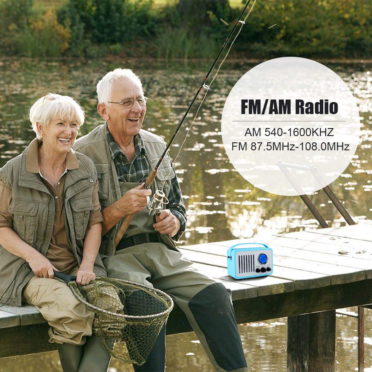 Retro AM/FM Radio, Portable Alarm Clock Radio with LCD Screen, External Antenna, Wooden Speaker Blue Leather Cover(Blue)