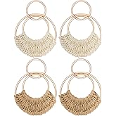 hoyuwak 2 Pairs Rattan Weave Earrings Boho Raffia Dangle Hoop Earrings Handmade Straw Wicker for Women Summer Beach Party, Beige Khaki