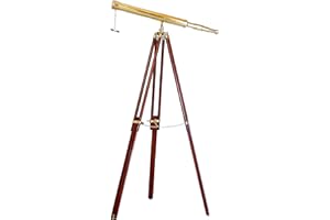 NAVIROCK Shiny Brass Nautical Single Barrel Telescope Marine Adjustable Wooden Brown Tripod Floor Standing Home Decor Vinatge Handcrafted Office Decor