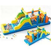 23.6FT Inflatable Commercial Obstacle Course Bounce House for Backyard Fun | Dual crawl tunnels, bounce area, climbing wall, dual slides, ball pit and basketball hoop for active backyard fun.