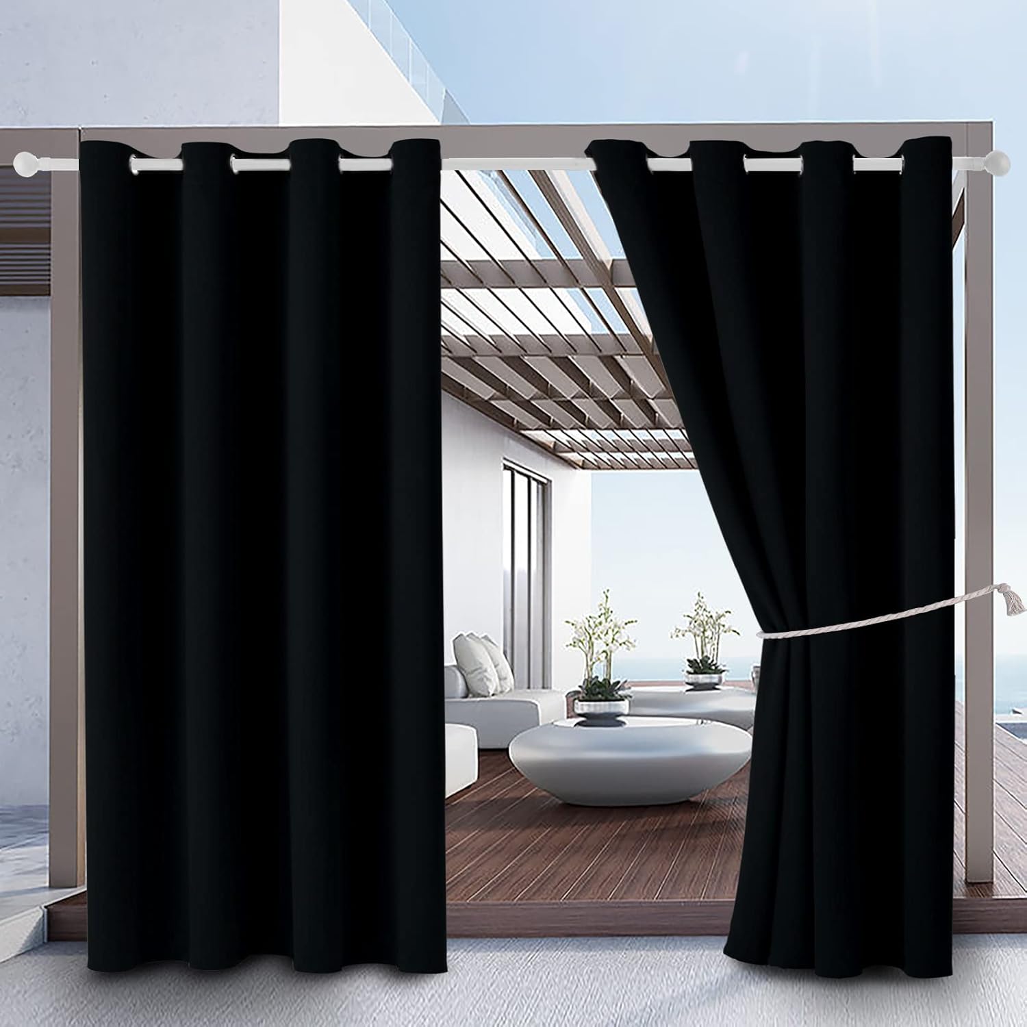 Outdoor Curtains - DIVA EN CAMINO DEC Outdoor Patio Curtain Waterproof Darkening Thermal Insulated Indoor Curtains for Bedroom, Porch, Living Room, Pergola, Cabana, W52 x L95, Black, Set of 2 Panels