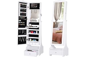 HOMCOM Standing Mirror Jewelry Cabinet Armoire, Lockable Jewelry Organizer with LED Lights, Full Length Mirror, Adjustable An