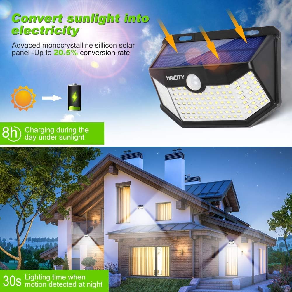 Hmcity Solar Lights Outdoor 120 LED with Lights Reflector, Motion Sensor Security Lights IP65 Waterproof Solar Powered for Garden Patio Yard (2Pack) - - 