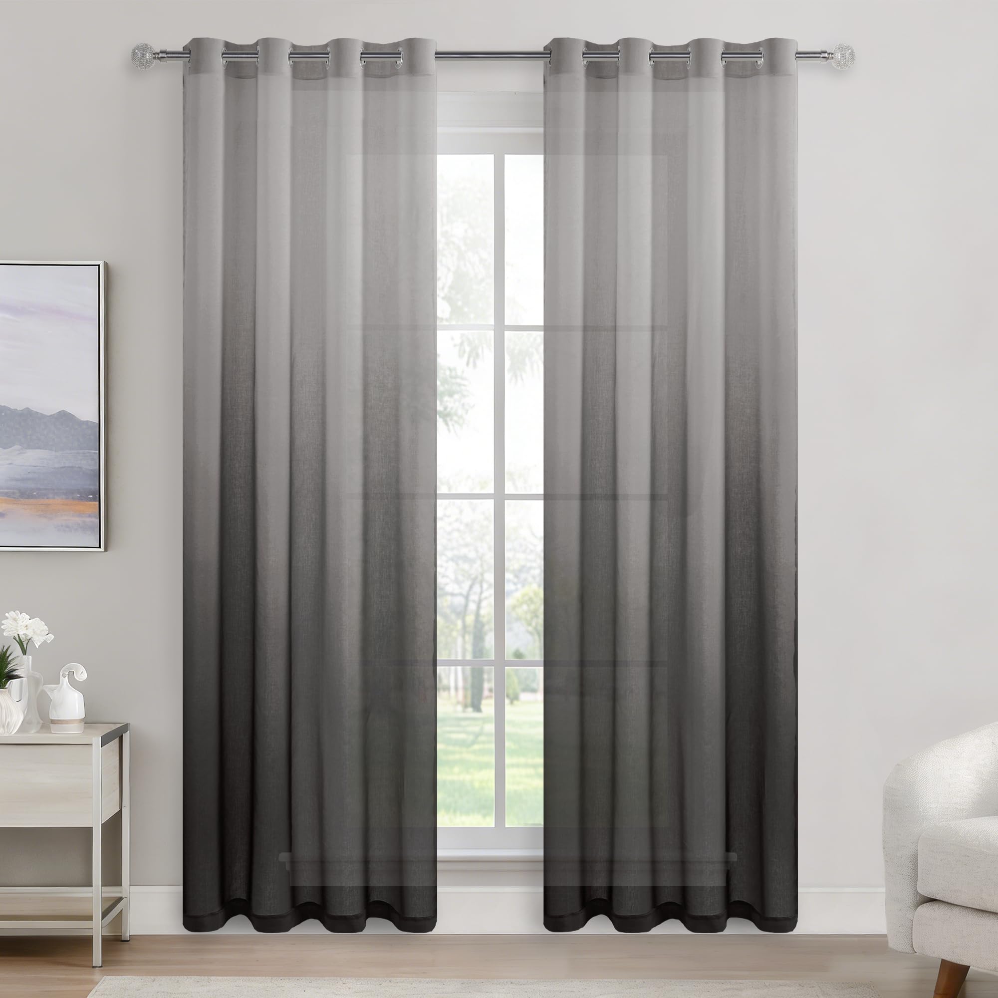 DWCN Voile Curtain Black Gradient Curtains for Living Room Net Curtains for Windows Sheer Bedroom Crurtains Eyelet Set of 2, 55 x 84 Inches