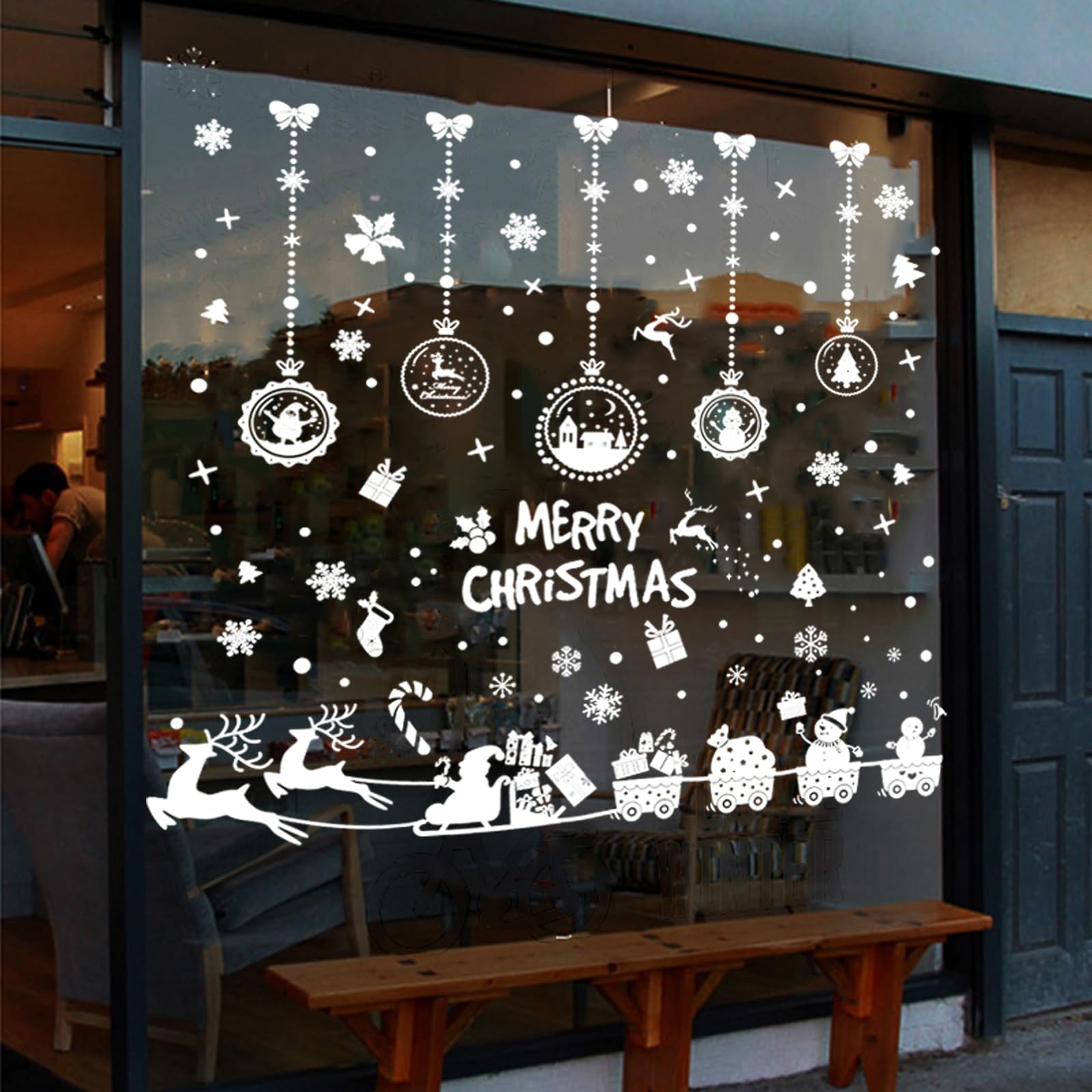 Photo 1 of Christmas Window Clings for Glass,Window Stickers for Glass Xmas Decals Windows Decorations Christmas Tree Snowflake DIY Wall Window Door Mural Showcase Decal Sticker (White Sled)