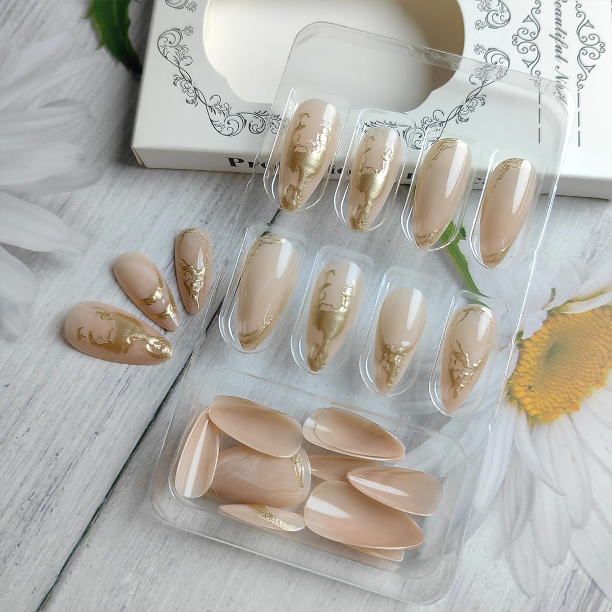 24Pcs French Press on Nails Medium Almond Fake Nails with 3D Gold Stamping Designs Artificial Stick on Nails Irregular Metal Lines French Tip Nails Glue on Nails Luxury Stiletto False Nails for Women - Image 3